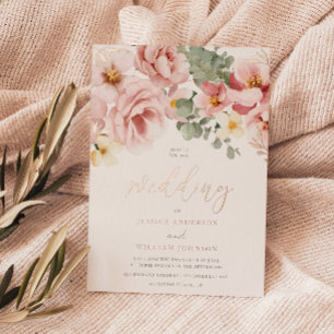 Invitación Con Relieve Metalizado Rosa Polvorienta Floral Acuarela Boda Rosa Oro