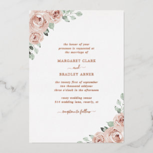 Invitación Con Relieve Metalizado Rosa Polvorienta Floral Acuarela Elegante Boda