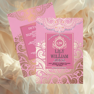 Invitación Con Relieve Metalizado Rosa polvorienta RoseGold Clásico Monograma Boho B