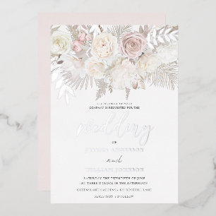 Invitación Con Relieve Metalizado Rosa Polvorienta y Boda Boho Marfil Plata