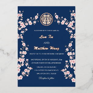 Invitación Con Relieve Metalizado Rosa polvoriento azul flor de cerezo boda china