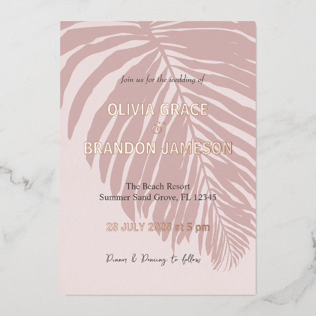 Invitación Con Relieve Metalizado Rosa polvoriento Boda de hoja de palma tropical (Anverso)
