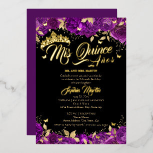 Invitación Con Relieve Metalizado Rosa Púrpura Dorada Mis Quince Quinceañera 