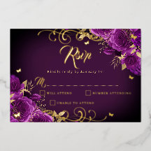 Rosa Púrpura Floral Remolino Dorado Quinceañera 
