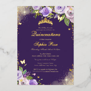 Invitación Con Relieve Metalizado Rosa Purpura Mariposa Dorada Floral Quinceanera