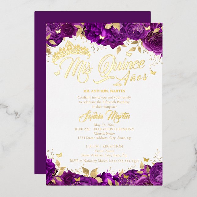 Invitación Con Relieve Metalizado Rosa púrpura Mis Quince Quinceanera (Anverso/Reverso)