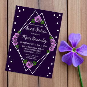 Invitación Con Relieve Metalizado Rosa Púrpura Plata Geométrico Sweet 16