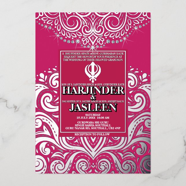 Invitación Con Relieve Metalizado Rosa purpurina rosado Sikh Anand Karaj Boda (Anverso)