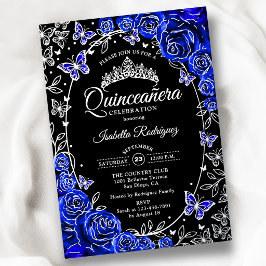 Invitación Con Relieve Metalizado Rosa Quinceañera Azul Real Plateado Negro