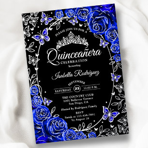 Invitación Con Relieve Metalizado Rosa Quinceañera Azul Real Plateado Negro
