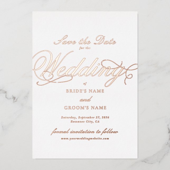 Invitación Con Relieve Metalizado Rosa real Boda de Relieve metalizado dorado blanco (Anverso)