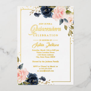 Invitación Con Relieve Metalizado ROSA REAL DE HOJA DE ORO Quinceañera Floral Azul M