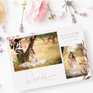 Invitación Con Relieve Metalizado Rosa Real Dorada Quinceañera Ramas Modernas Españo