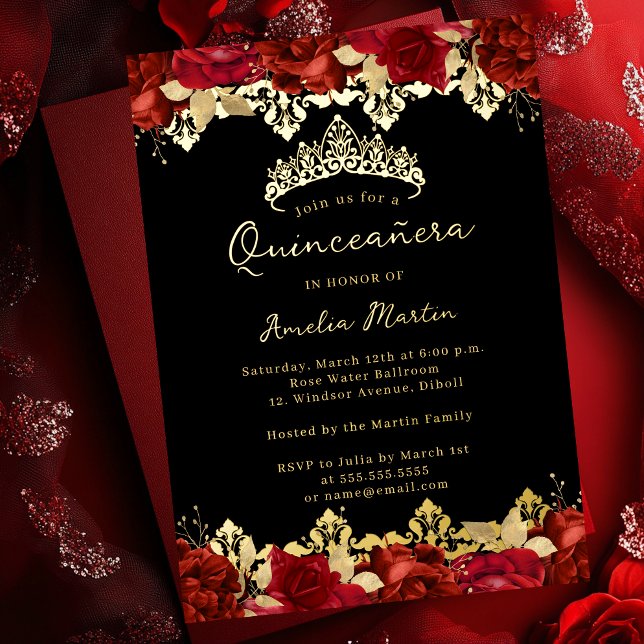 Invitación Con Relieve Metalizado Rosa Red Gold Damask Floral Quinceanera (Subido por el creador)