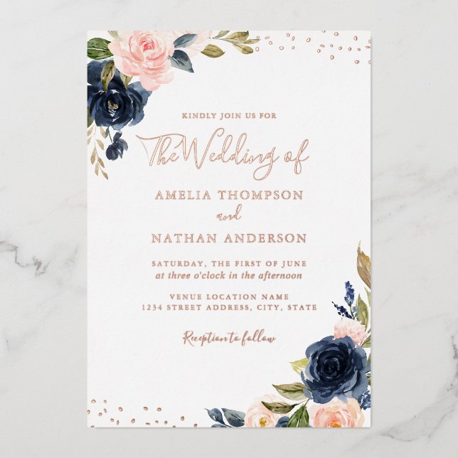 Invitación Con Relieve Metalizado ROSA RELIEVE METALIZADO DORADO Boda Floral Rosa (Anverso)