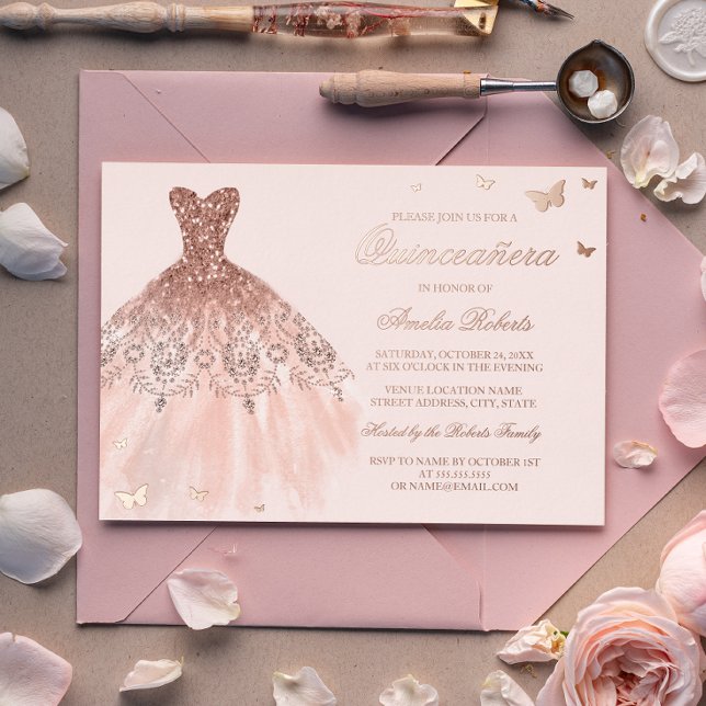 Invitación Con Relieve Metalizado ROSA RELIEVE METALIZADO DORADO Vestido Mariposa Qu (Subido por el creador)