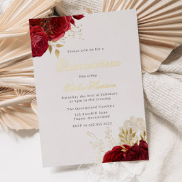 Invitación Con Relieve Metalizado Rosa Roja clásica y Quinceañera dorada