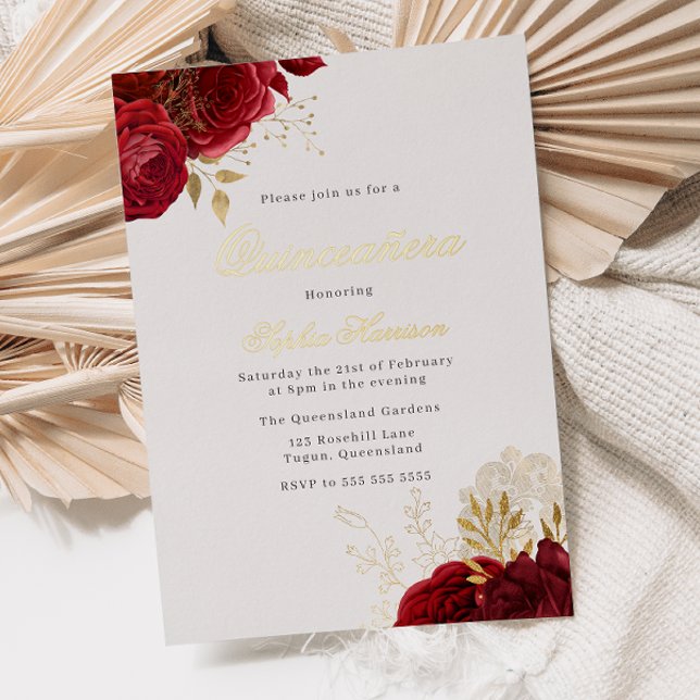 Invitación Con Relieve Metalizado Rosa Roja clásica y Quinceañera dorada (Subido por el creador)