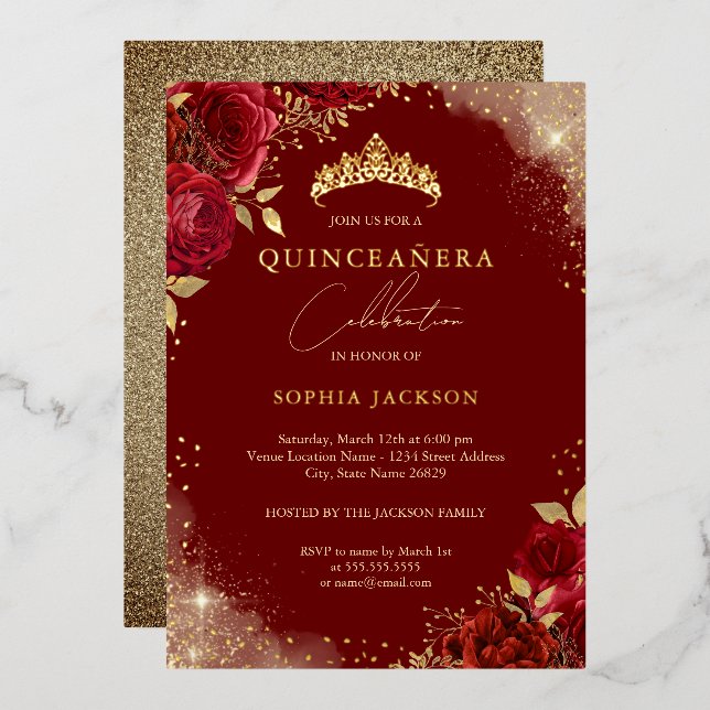 Invitación Con Relieve Metalizado Rosa roja de oro espumoso Tiara Quinceanera (Anverso/Reverso)