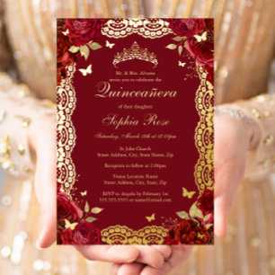 Invitación Con Relieve Metalizado Rosa Roja Dorada Encaje Mariposa Quinceañera Cumpl