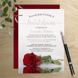 Invitación Con Relieve Metalizado Rosa Roja elegante con ducha Rosa dorada de novias