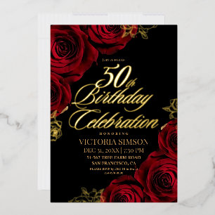Invitación Con Relieve Metalizado Rosa Roja Floral Cincuenta Cumpleaños 50