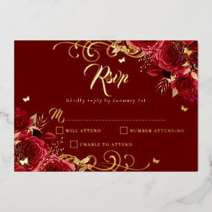 Invitación Con Relieve Metalizado Rosa Roja Floral Dorado Remolino Dorado Quinceañer