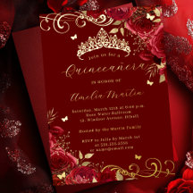 Rosa Roja Floral Dorado Remolino Quinceañera  