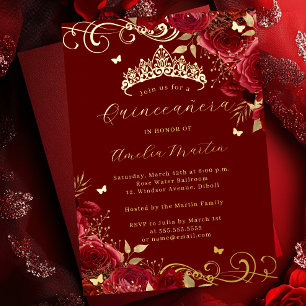 Invitación Con Relieve Metalizado Rosa Roja Floral Dorado Remolino Quinceañera  