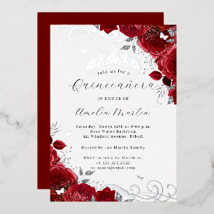 Invitación Con Relieve Metalizado Rosa Roja Floral Plateada Swirl Quinceanera