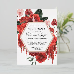 Invitación Con Relieve Metalizado Rosa Roja Floral Quinceañera Glam Oro