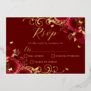 Invitación Con Relieve Metalizado Rosa Roja Floral Remolino Dorado Quinceañera