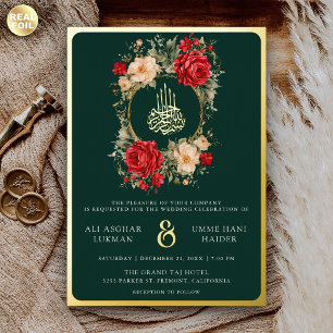 Invitación Con Relieve Metalizado Rosa Roja Flores de Marfil Esmeralda Boda Musulman