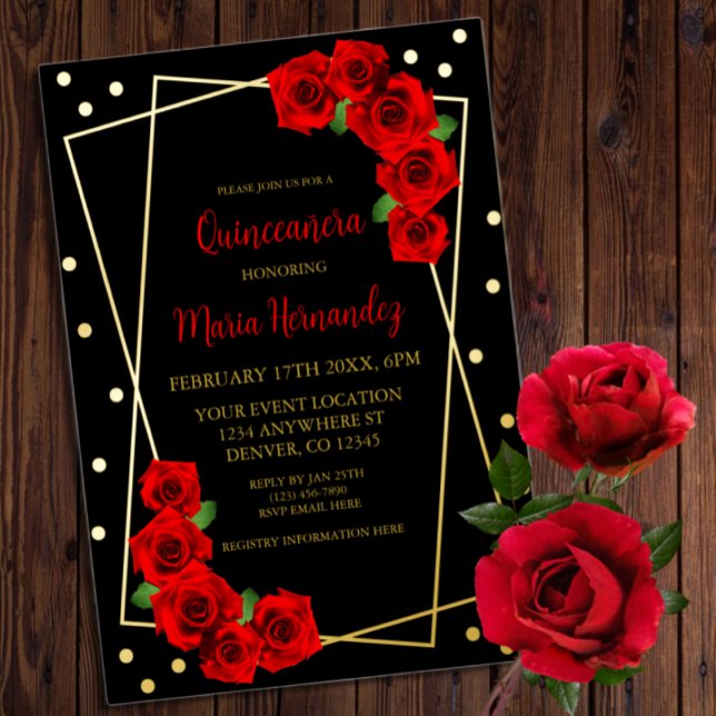 Invitación Con Relieve Metalizado Rosa Roja Negro y Quinceañera de oro (Subido por el creador)