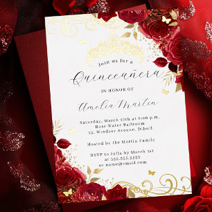 Invitación Con Relieve Metalizado Rosa Roja Oro Floral Remolino Quinceañera