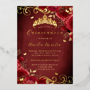 Invitación Con Relieve Metalizado Rosa Roja Real Floral Dorado Torbellino Quinceañer