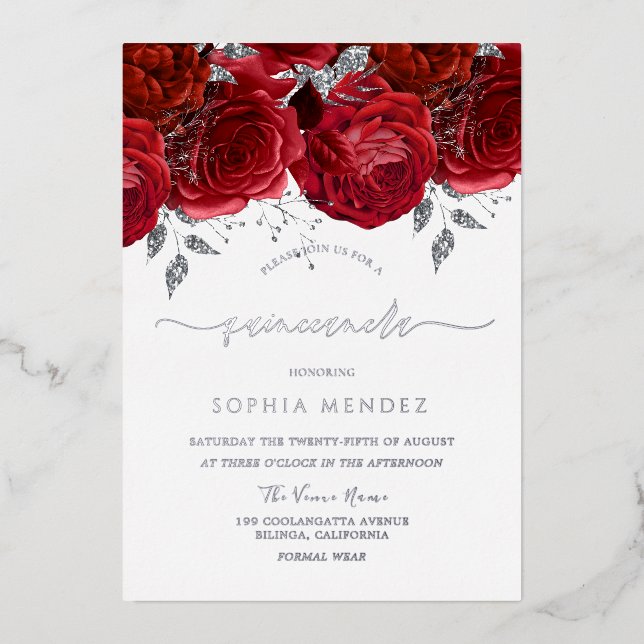Invitación Con Relieve Metalizado Rosa Roja Romántica Quinceanera SIlver (Anverso)