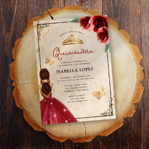 Invitación Con Relieve Metalizado Rosa Roja Vintage Elegante Quinceañera Oro Real