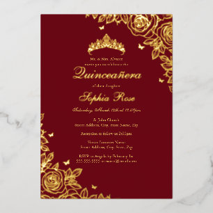 Invitación Con Relieve Metalizado Rosa Rojo de Quinceañera Cumpleaños con Hoja de Or