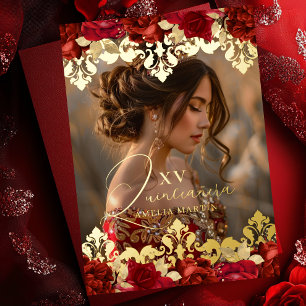 Invitación Con Relieve Metalizado Rosa Rojo Oro Damask Floral Foto Quinceañera