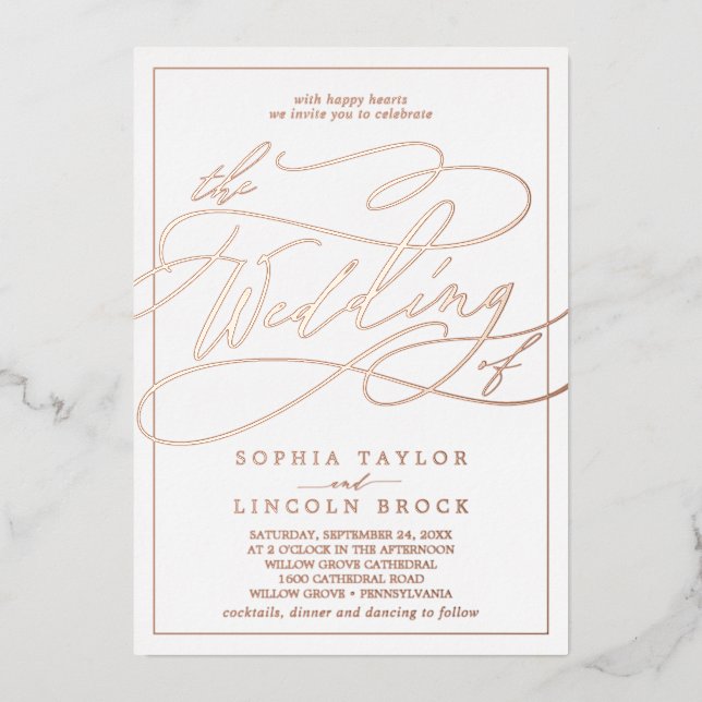 Invitación Con Relieve Metalizado Rosa romántico Relieve metalizado dorado caligrafí (Anverso)