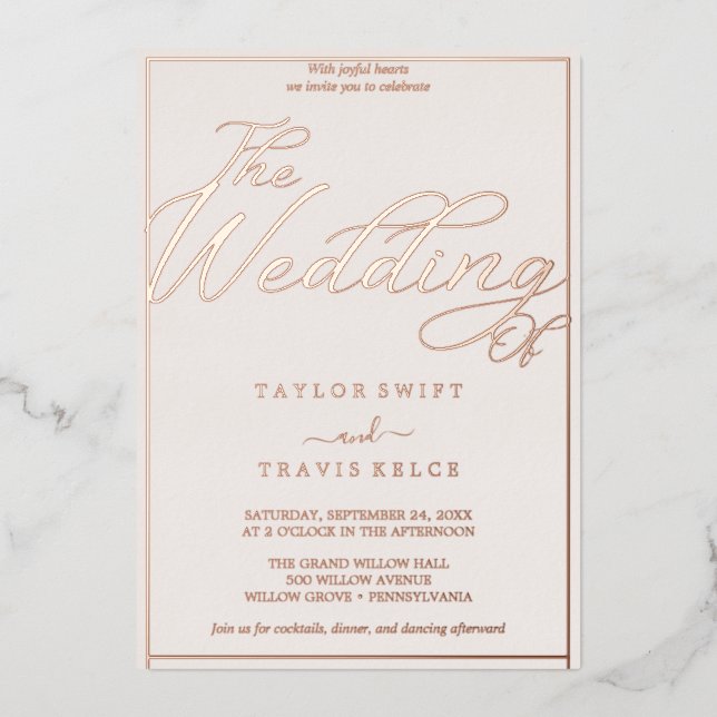 Invitación Con Relieve Metalizado Rosa romántico Relieve metalizado dorado y Boda de (Anverso)