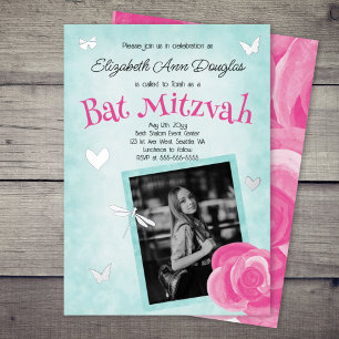 Invitación Con Relieve Metalizado Rosa Rosa, Azul Acuario, Encantos de Plata Bat Mit