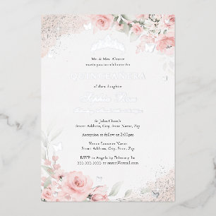Invitación Con Relieve Metalizado Rosa Rosa Blush Mariposa Plata Quinceañera