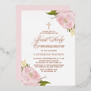 Invitación Con Relieve Metalizado Rosa Rosa Blush Primera Comunión Rosa Dorado