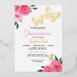 Invitación Con Relieve Metalizado Rosa rosa mariposa Quinceanera Real