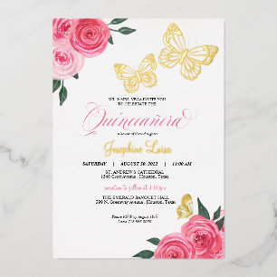 Invitación Con Relieve Metalizado Rosa rosa mariposa Quinceanera Real