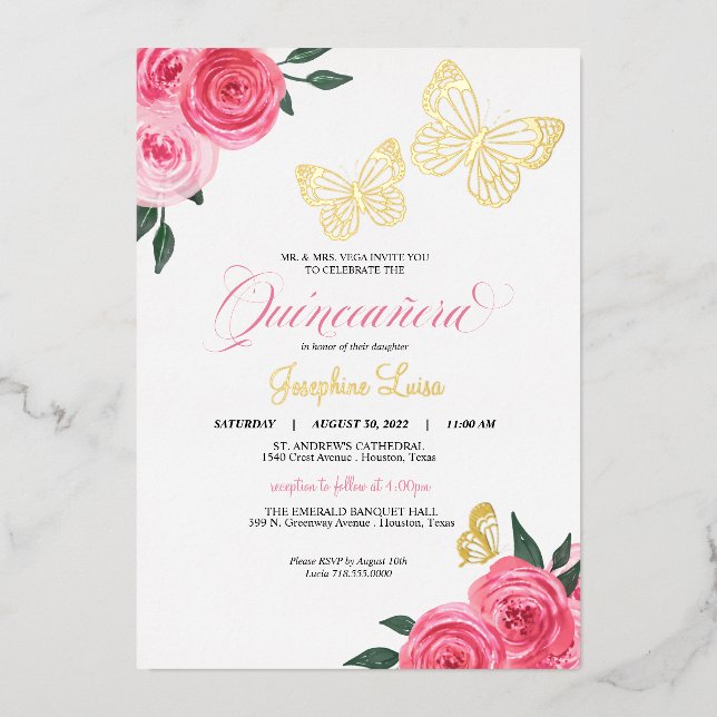 Invitación Con Relieve Metalizado Rosa rosa mariposa Quinceanera Real (Anverso)
