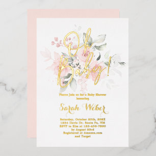 Invitación Con Relieve Metalizado Rosa Rubor Floral Shower de Bebé Niña Hoja de Meta