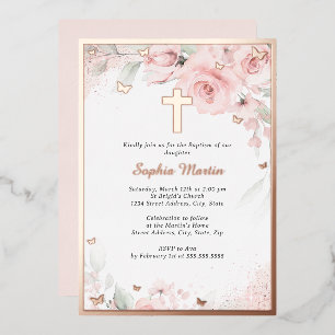 Invitación Con Relieve Metalizado Rosa Rubor Rosa Dorado Cruz Floral Niña Bautizo 